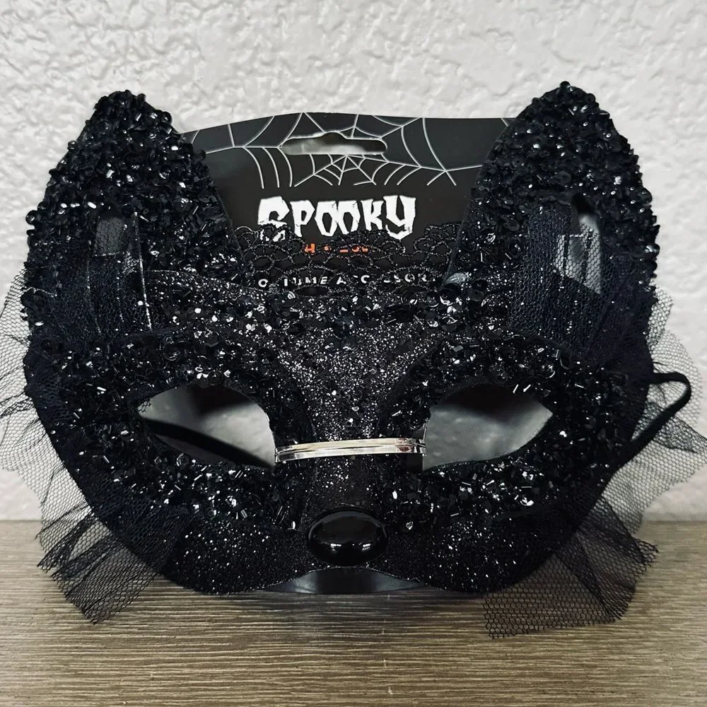 Black Cat Sequin Glitter Halloween Face Mask Accessory